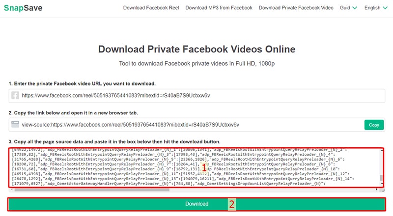 Paste the source code and snapsave to download the video